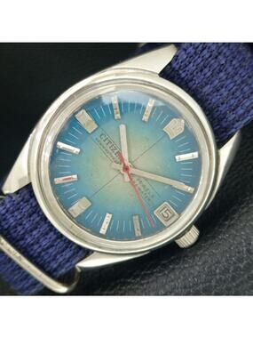Vintage 1975 Citizen Manual Wound Mens Silver Watch W/Date & Blue accents